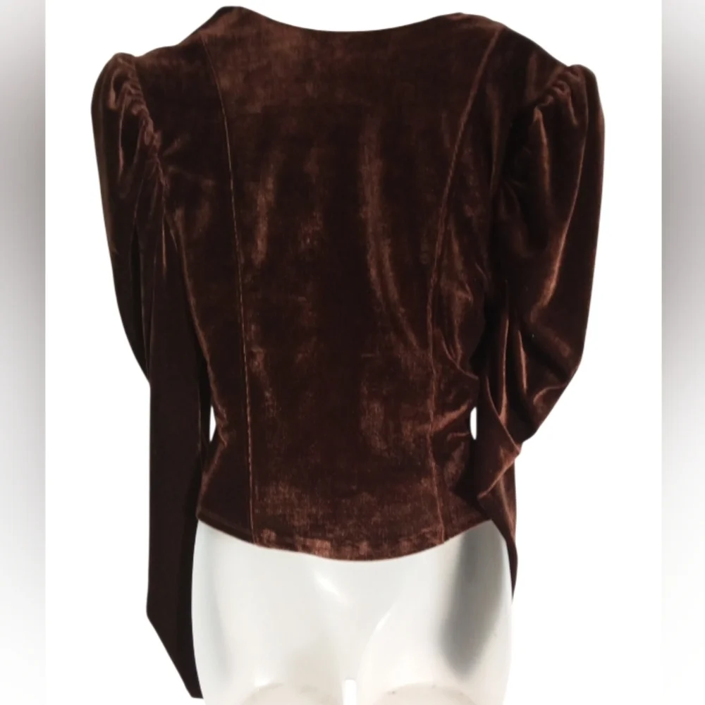 Free People Chocolate Brown Velvet Puff Sleeve Square Neck Corset Top Sz Medium